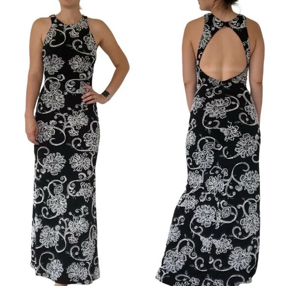 Alexia Admor Dresses & Skirts - Alexia Admor NY Black Floral Open Back Gown Maxi Dress A Line Fit Size XS Party